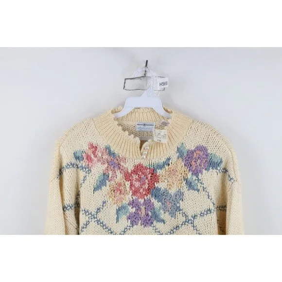 Deadstock Vintage 90s Streetwear Womens Medium Hand Knit Flower Floral Sweater - Picture 2 of 15